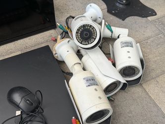8 civilians camera system “ hike, vision, DVR, power supply, 32 inch insignia TV and the, amount,