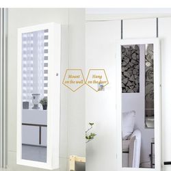 Wall/Door Mounted Jewelry Armoire Organizer, Lockable Height Adjustable Jewelry Cabinet with Full Length Mirror, Large Capacity Dressing Makeup Jewelr