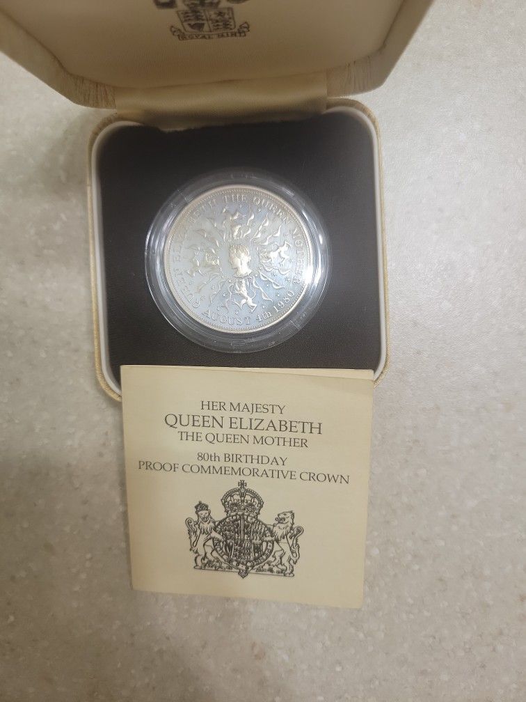 1980 Queen Elizabeth 80th Birthday Proof Silver Coin. Comes With Original Box And COA