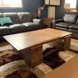 Large Leather And Wood Coffee Table