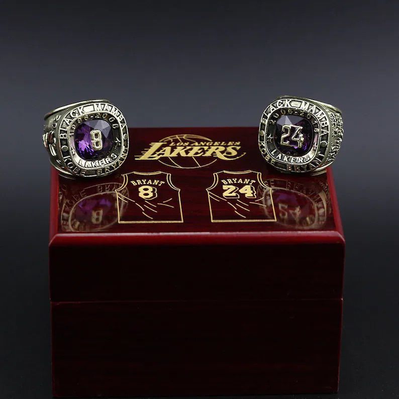 2 Piece Custom Design Kobe Bryant Black Mamba Memorial Ring with Wooden Display Box (Rings Are Not Gold) Size 11