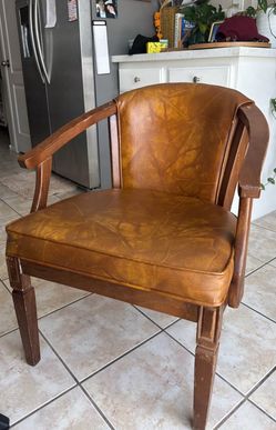 Vintage Genuine Leather Accent Arm Chair | Mid Century Style | Solid Wood Reading Chair