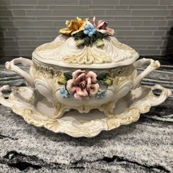 Vintage Capo Di Monte Vintage Italian China- Serving Plate With Beautiful Bowl