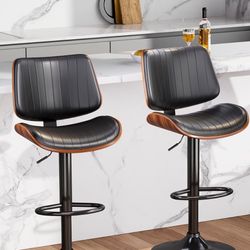 Black Swivel Bar Stools Set 2 Adjustable Kitchen Counter Modern Leather Upholstered Chair wood new 