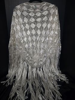 Bohemian Mario Hernandez White Geometric  Macrame Long Crochet Fringed Shawl