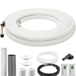 Della 25 Ft Mini Split Line Set, Includes 3/8" & 1/4" O.D. Copper Pipes with Flared Nuts and a 3/8" Thick White PE Insulated Coil, Perfect for Mini Sp