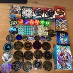 Pokemon coins,,empty deck boxes,dice & more lot of over 100 items NO Cards