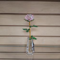 Crystal Glass Rose / Vase & Metal leafs figurine - $19.99 ( NEW ) pink / green & gold. Valentine