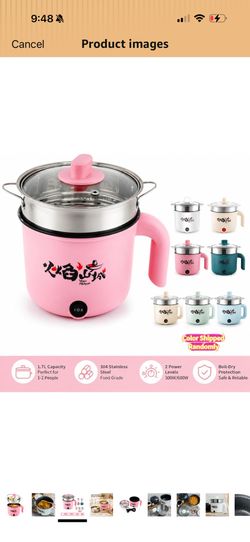 VEGAS Electric Hot Pot with Stainless Steel Steamer, 1.7L Mini Portable Ramen Noodle Cooker, Nonstick Electric Cooking Pot with Glass Lid for Dorm Tra