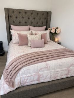 Queen Upholstered Wingback Bed – Excellent Condition