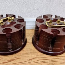 Pair Of 2 Mid Century Retro Brown Poker Chips Caddy Swivel Card Holder Wooden Carousel
