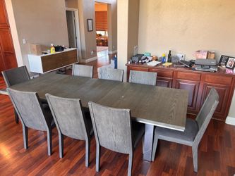 Large grey dining table and 9 chairs with leaf