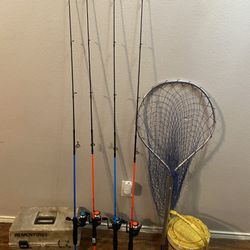 4 Fishing Rods Poles Reels Net Tackle Bucket 