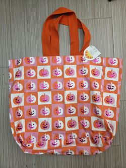 C&C California Home Halloween Pumpkin Checkerboard Canvas Tote Bag Orange Pink