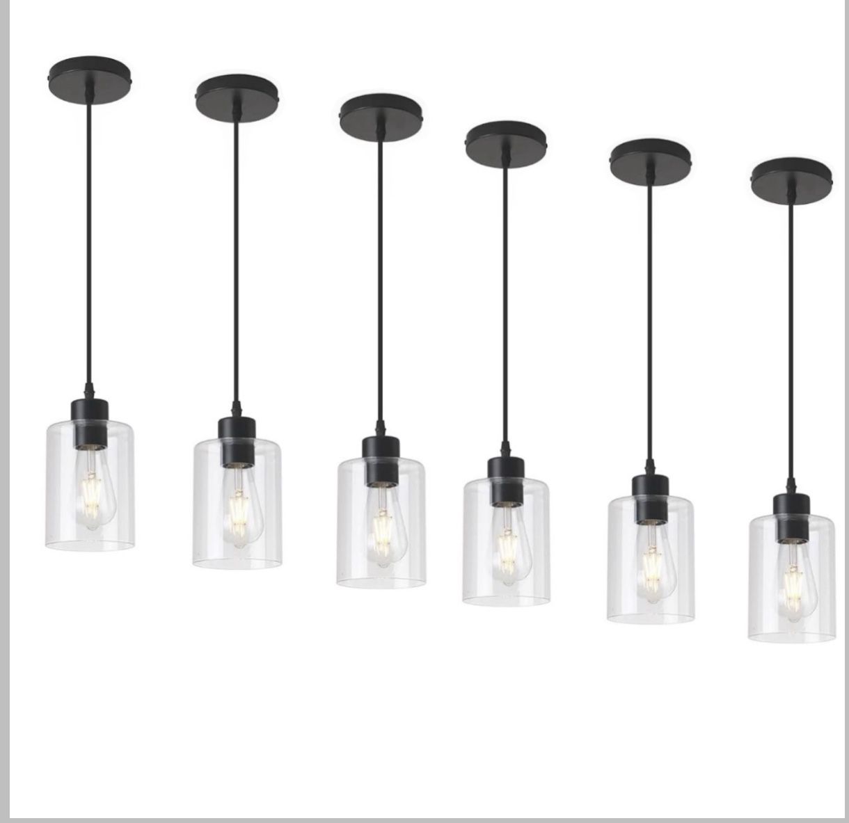 Set of 6 Modern Black Farmhouse Clear Glass Cylinder Pendant Light Fixtures