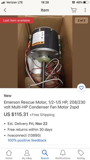 208/230 volt Multi-HP Condenser Fan Motor 2spd 1/2-1/5 HP Emerson Rescue Motor