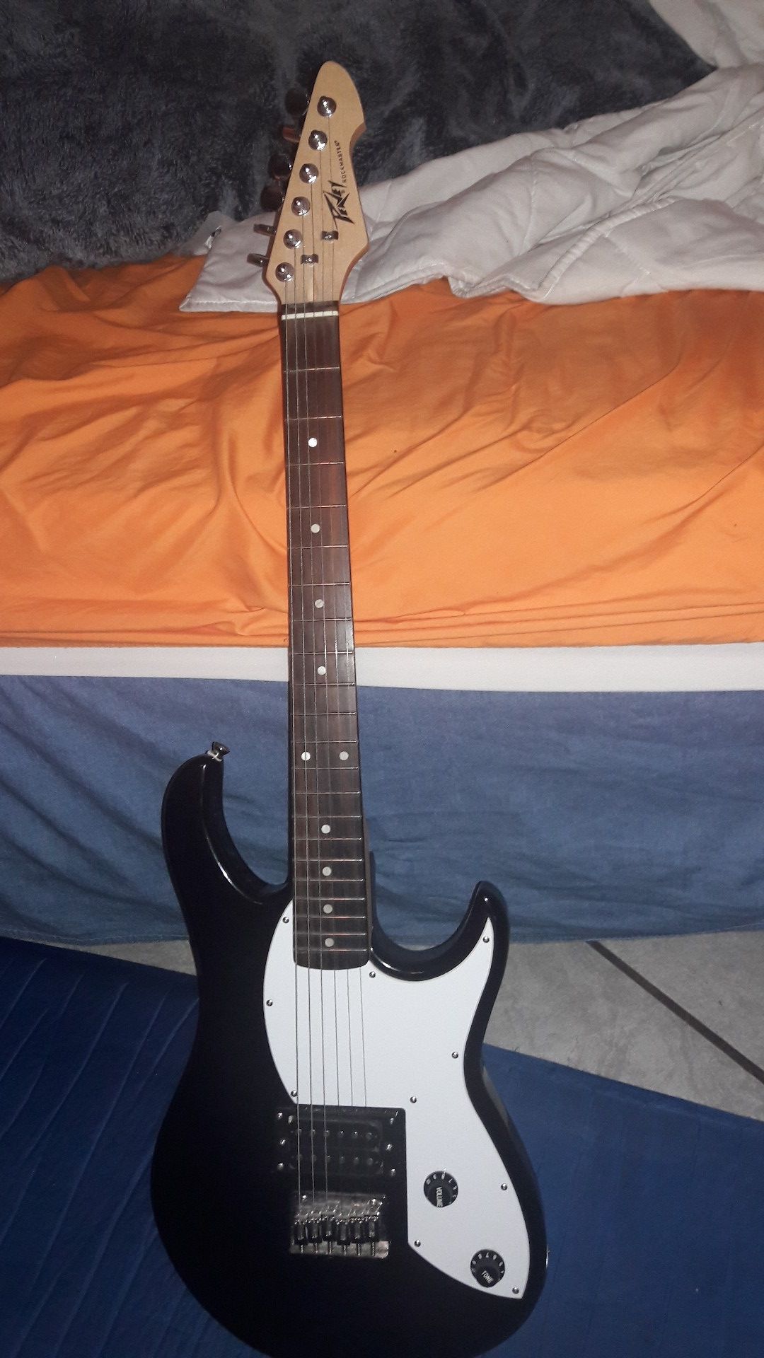 Guitar, amp, tuner, cord and adapter