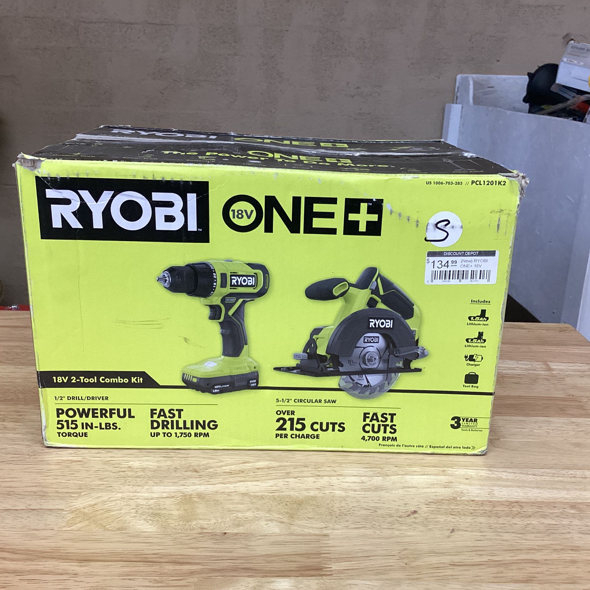 (New) RYOBI ONE+ 18V Cordless 2-Tool Combo Kit with Drill/Driver, Circular Saw, (2) 1.5 Ah Batteries, and Charger