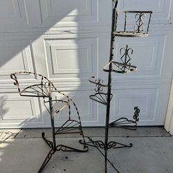 Vintage Lot Of 2 Spiral Staircase Floor Plant Stands Both Rusty Mid Century Garden Decor Weathered Planter Pot Holders Collectibles Flowers Succulents