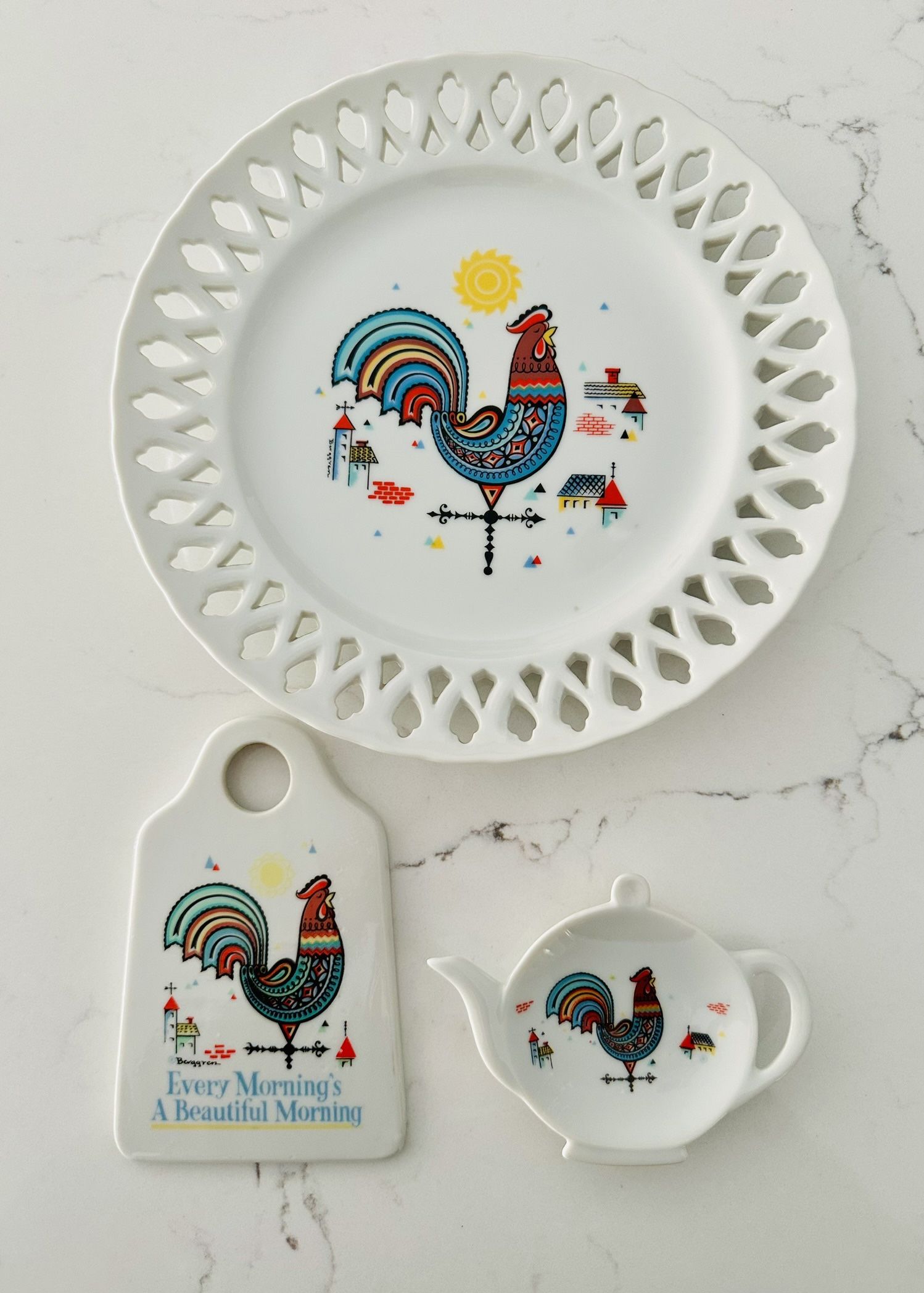 Set of 3 Vintage Berggren Rooster Beautiful Morning Fine Porcelain China Decor lot.