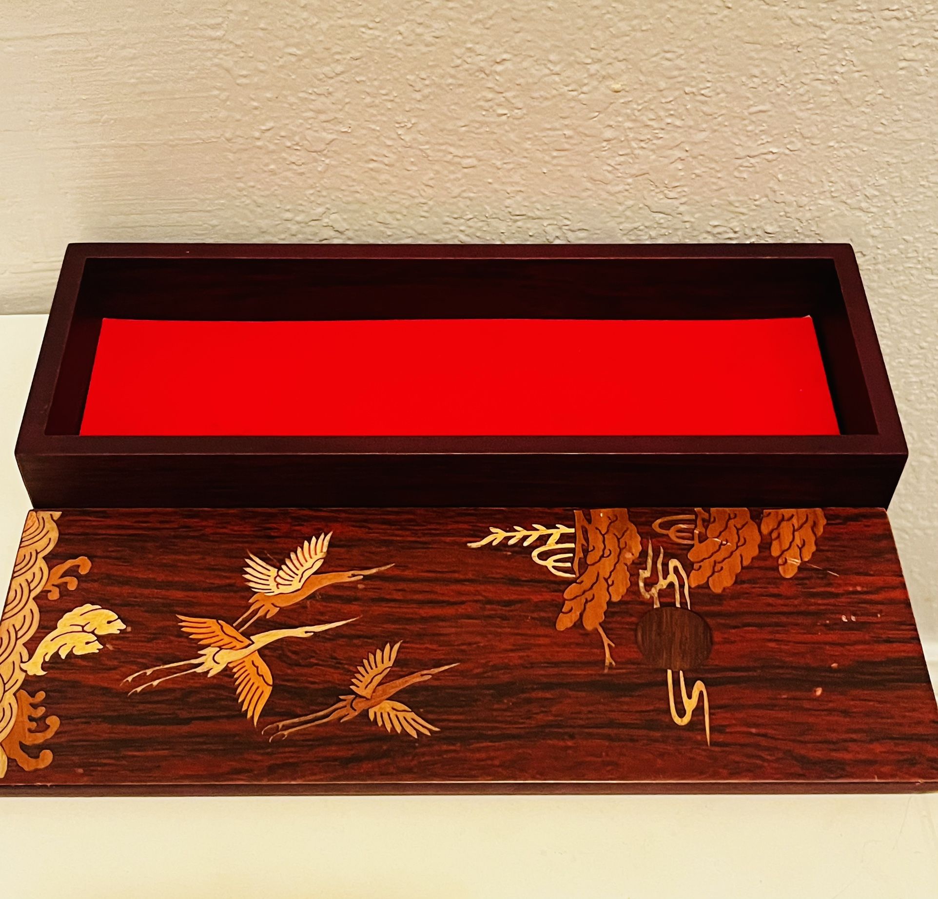 Vintage Unique Wooden Lacquered Asian Trinket Box Jewelry, Watch Box, Beautiful Dark Wood Bird Designs