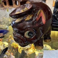 Vintage Brown Piggy Bank Wearing Hat