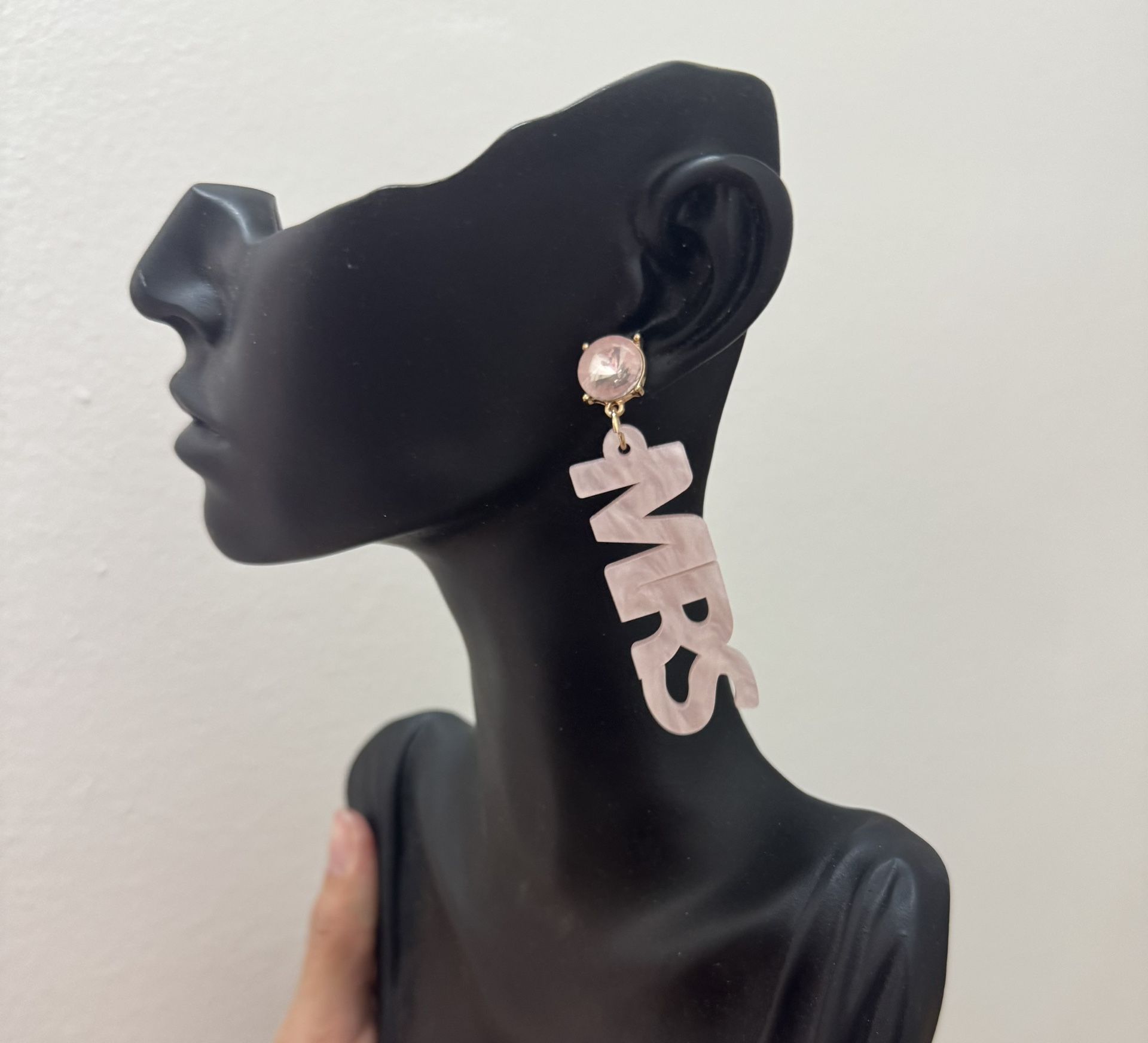 MRS Pink Crystal Blush Resin Mrs. Drop Earrings Just Married Bride to Be