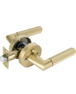 Bak Bo Interior Privacy Door Handle with Lock, Indoor Knurled Heavy Duty Gold Door Lever Satin Brass Finish, Reversible Keyless Left Right Handed Roun