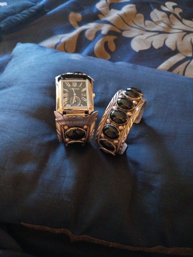 Native American Sterling Silver And Onyx Watch Band And Bracelet