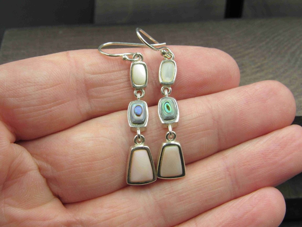Sterling Silver Abalone & Other Shell Earrings Vintage Wedding Engagement Anniversary Beautiful Everyday Minimalist Cute Sexy