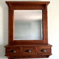 Rustic Solid Wood Wall Mirror with Drawers & Hooks – $85