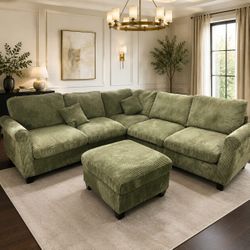 Corduroy living room sectional sofa with ottoman