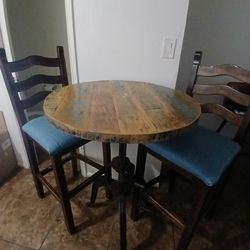 Iron  With Distressed Wood Adjustable Table  and Barstools ..obo