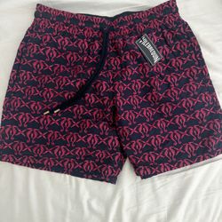 Vilebrequin Swim Trunks Mens Medium Jacquard Embroidered Turtles Navy Red NWT