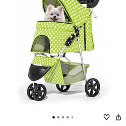 MoNiBloom 3 Wheels Pet Dog Cat Stroller for Small Medium Dogs Cats, Foldable Jogger Stroller w/Storage Basket and Cup Holder, Lawn Green Polka Dots