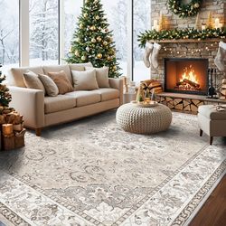 10x14 Washable Vintage Area Rug - Large Rugs for Living Room Soft Stain Resistant Carpet with Non-Slip Backing Low Pile Water Resistant Rug for King S