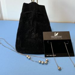 Swarovski Set: Matte Rhodium Necklace 16-18” + Earrings. Crystal Inlays. + Pouch