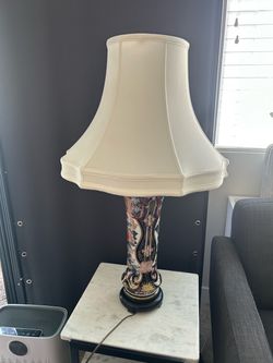 Elegant Vintage Chinese Table Lamp Floral Ceramic Design Flared Cream Shade