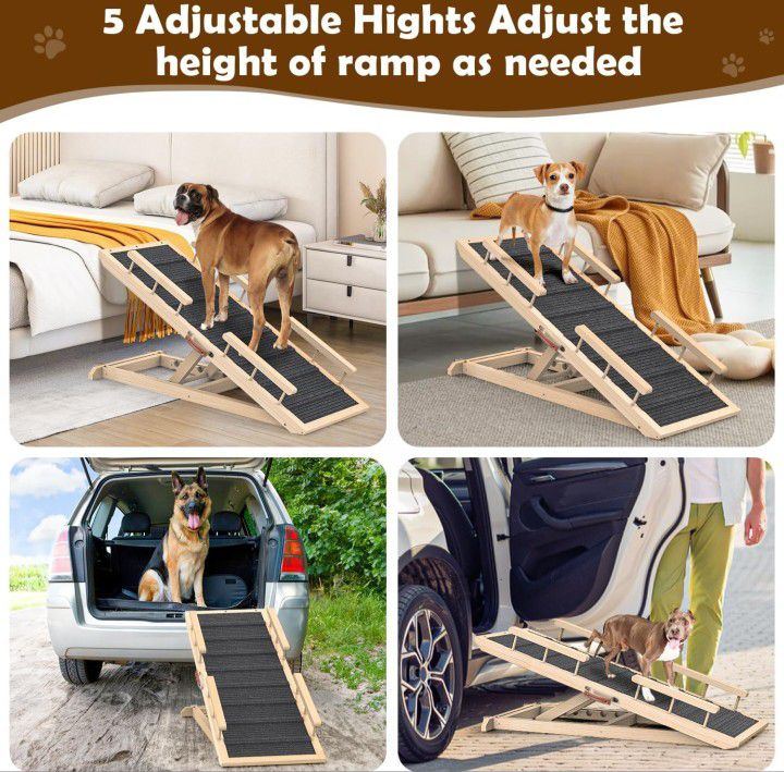 Dog Ramp for Couch, Bed or Car, Wooden 44" Long Pet Stairs for Small & Large Old Dogs & Cats, Hold up to 250lb, 5 Adjustable Height from 15" to 25", P