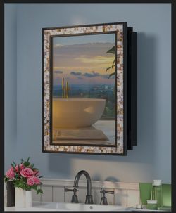 viechanro 20x26 Inch Natural Shell Inlay Black Medicine Cabinet with Mirror, Bathroom Shatterproof Mirror with Storage, Reversible Installation Wall M