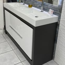 60" Double Sink Free Standing Anthracite Gray and Glossy White Color Bathroom Vanity  