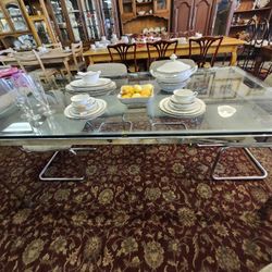 Vintage Hollywood Regency Glass Dining Set w/ 6 Cantilever Chairs
