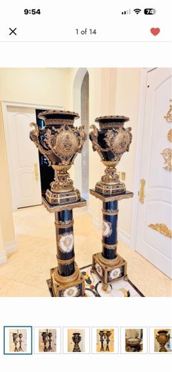 Pair of Ornate Cobalt Blue and Gold Pedestal Urns