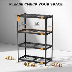 New in box 40''W Storage Shelves, 3200LBS Metal Garage Shelving Unit with Magnetic Lable, Upgraded Structure, Solid Steel, Heavy Duty Adjustable 4 Tie