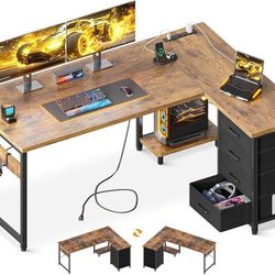 L Shaped Desk with 4 Tier Drawers, 53" Reversible Gaming Desk with Power Outlets, L Shaped Computer Desk with USB Charging Port and Host Stand, Home O