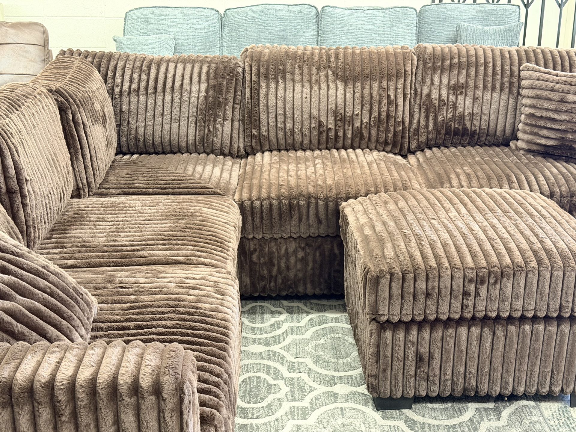 New Brown Furry Corduroy Sectional Couch With Ottoman / Free Delivery