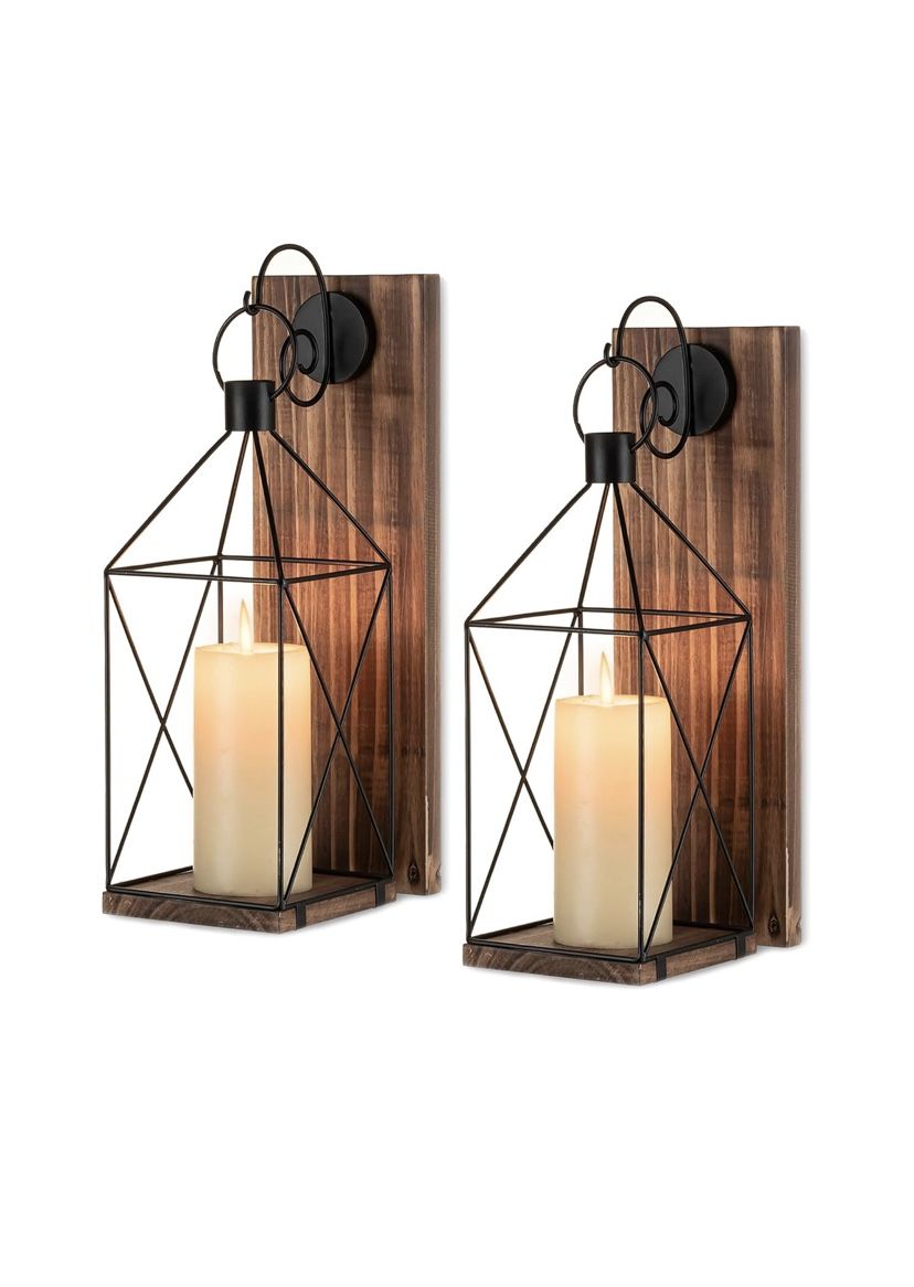 Candle Sconces Wall Decor: Set of 2 Farmhouse Wood Candle Holder Indoor Black Metal Lantern Decorations for Living Room Front Porch Yard