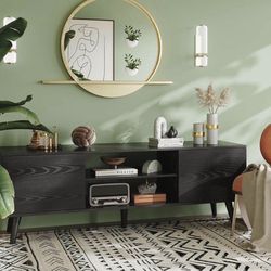 Sonharlar TV Stand for 55 and 60 Inch TVs Black Wooden TV Stand, 2 Cabinets Modern Entertainment Center with Storage for Bedroom, Office Furniture, Li