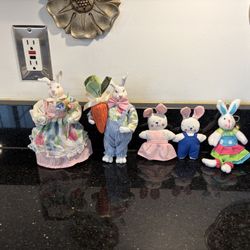 5 Easter Bunny Decorative Figurines with Festive Outfits 