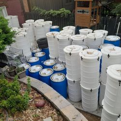 barrels, drums, trash cans, storage bins, water bins